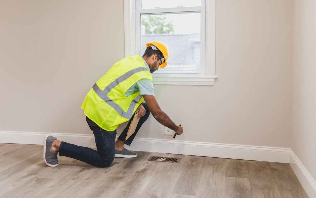 Trabalhador em equipamento de segurança inspecionando o canto de uma sala para renovação ou melhoria