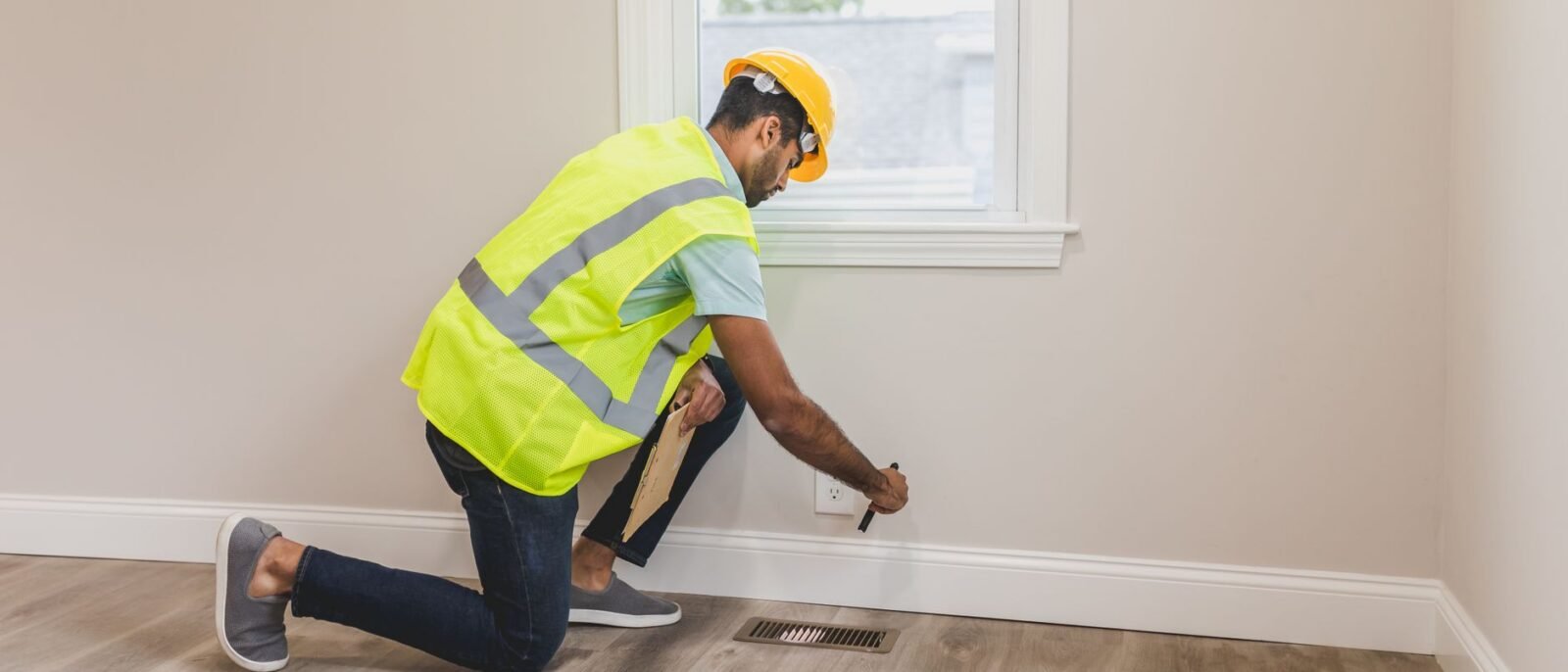 Trabalhador em equipamento de segurança inspecionando o canto de uma sala para renovação ou melhoria