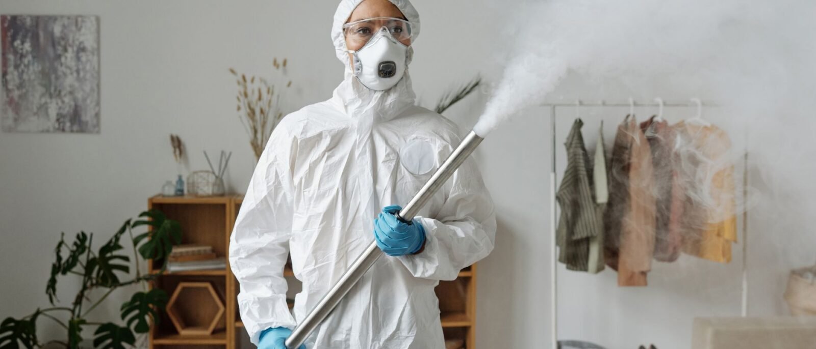 Uma pessoa em equipamento de proteção completo fumiga o interior para desinfecção