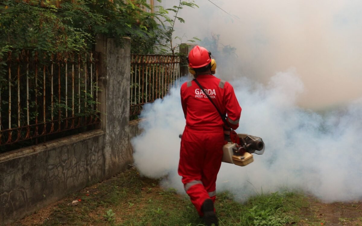 Técnico de dedetização aplicando tratamento contra escorpiões em residência de Santos com equipamento profissional de pulverização