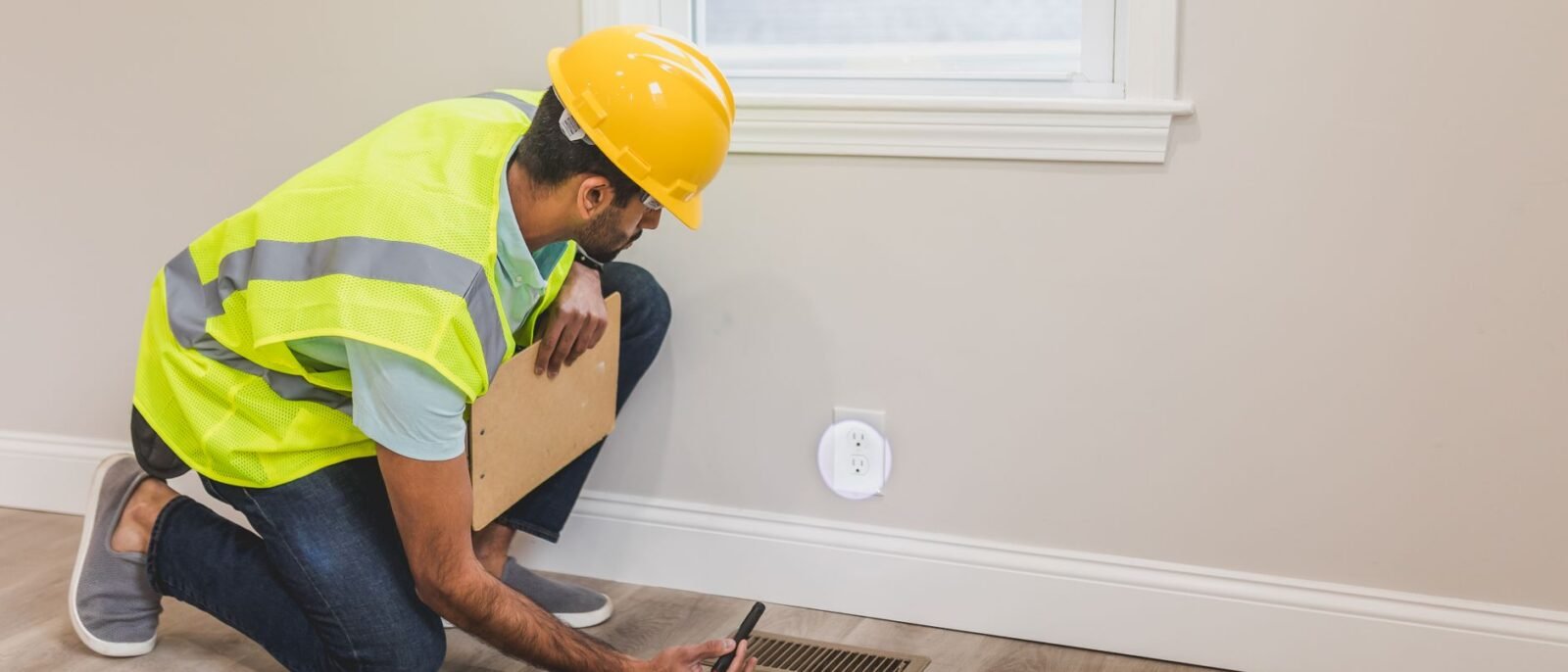 Um operário com capacete inspeciona uma saída de ar no piso, garantindo padrões de qualidade e segurança