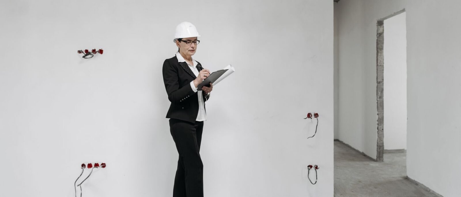 Mulher de capacete revisa anotações em um canteiro de obras, examinando o progresso
