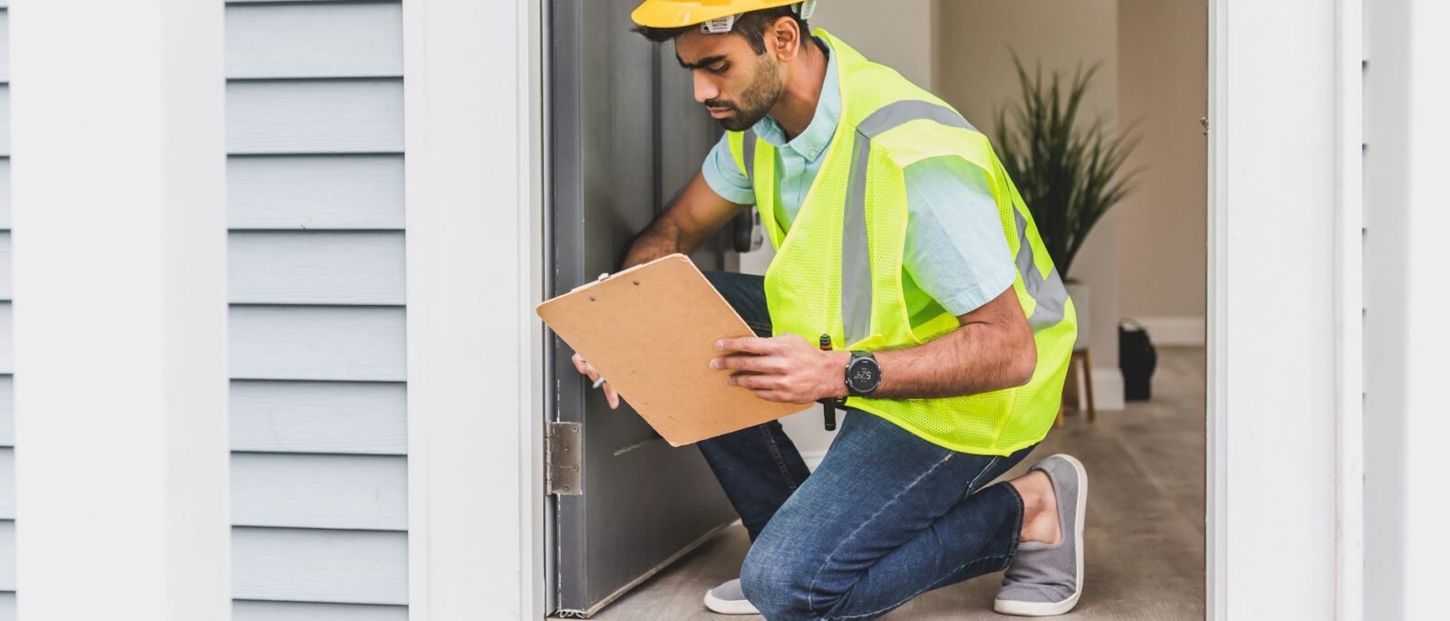Um inspetor de imóveis equipado com equipamento de segurança examina o interior de uma casa para verificar a conformidade de
