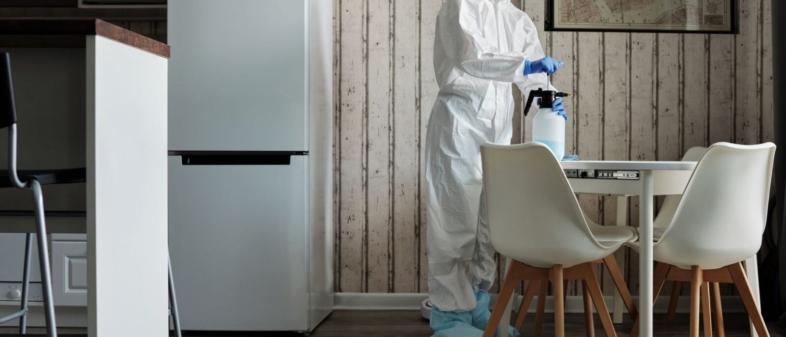 Pessoa em traje de proteção desinfetando uma mesa de cozinha moderna com frasco spray para higiene