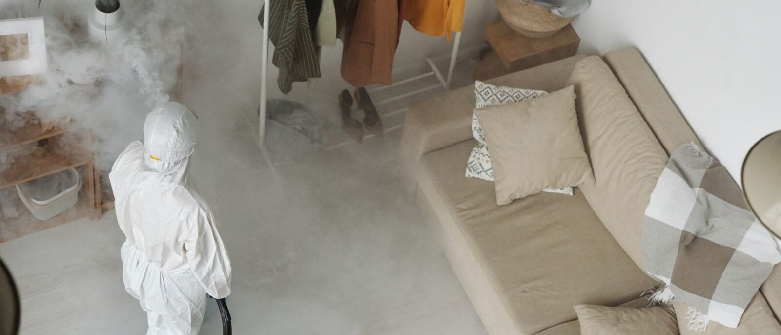 Profissional em equipamento de proteção sanitizando uma sala de estar moderna com máquina de fumigação